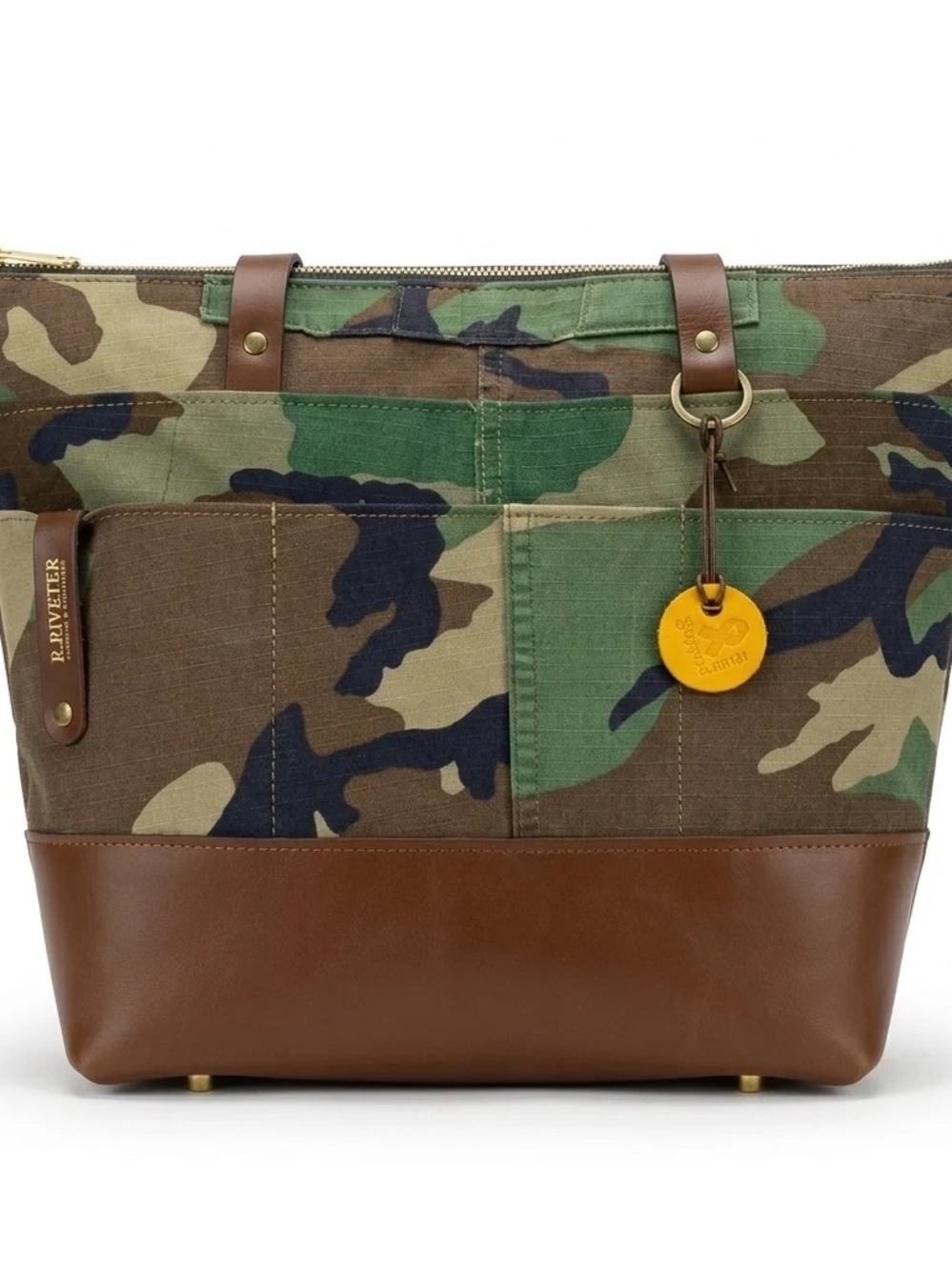 R Riveter Carry All Camo Canvas & Brown Leather Tote Bag - Green Camo